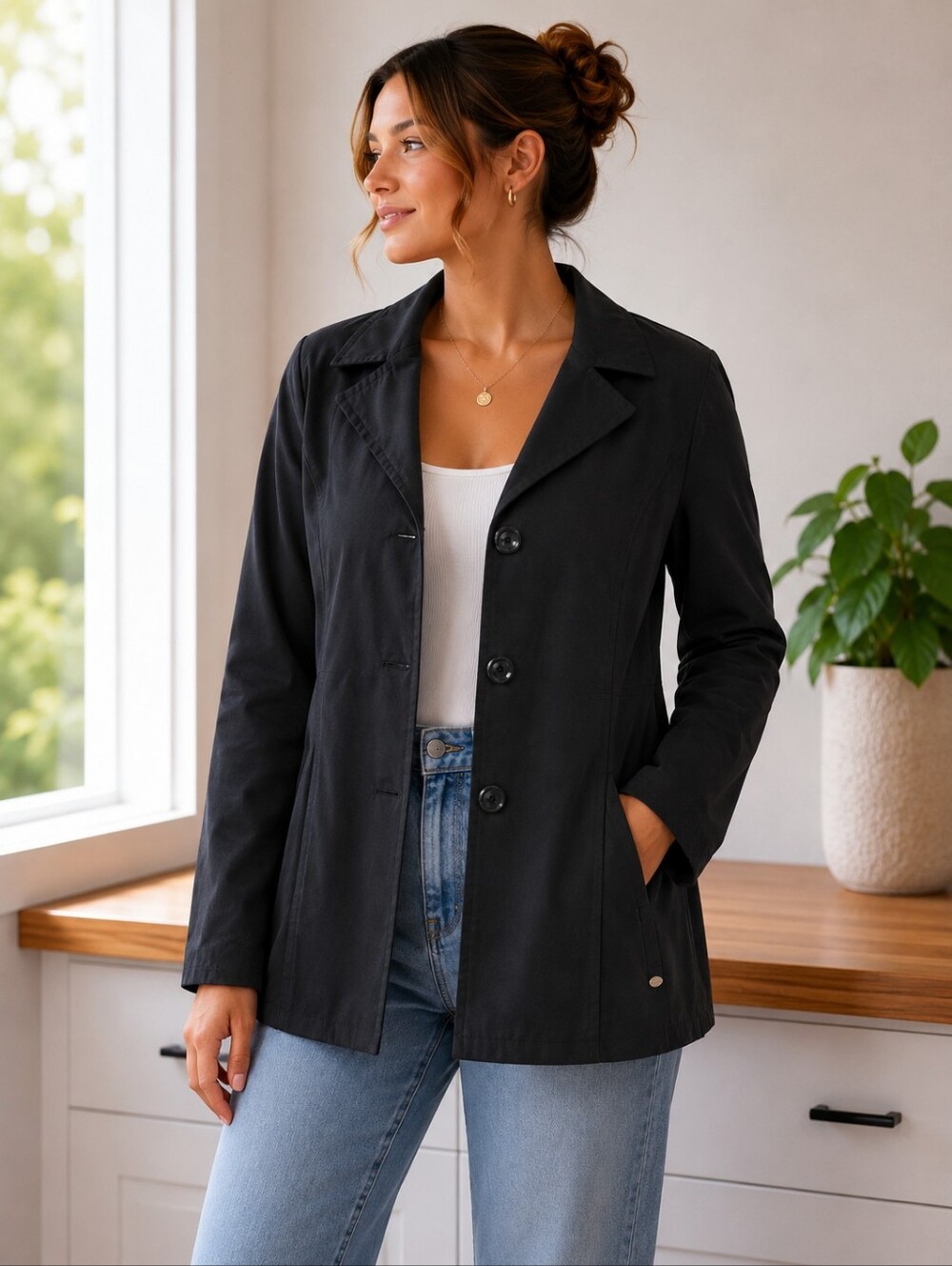💥 Ellen Tracy Black Three-Button Tailored Business Coat Jacket